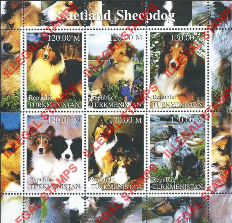 Turkmenistan 2000 Dogs Shetland Sheepdog Illegal Stamp Souvenir Sheet of 6