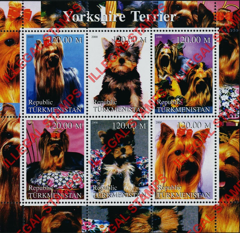 Turkmenistan 2000 Dogs Yorkshire Terrier Illegal Stamp Souvenir Sheet of 6