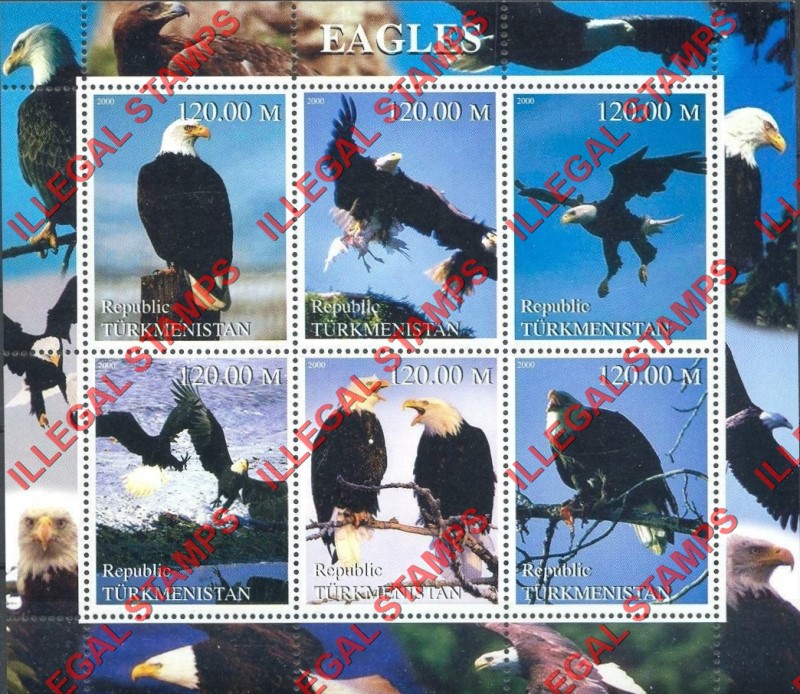 Turkmenistan 2000 Eagles Illegal Stamp Souvenir Sheet of 6