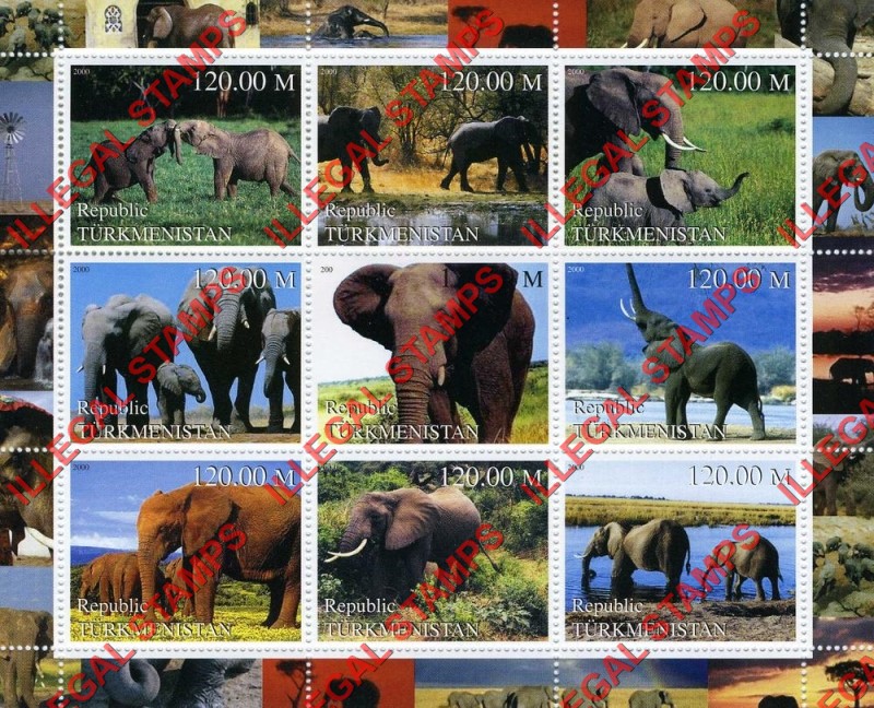 Turkmenistan 2000 Elephants Illegal Stamp Souvenir Sheet of 9