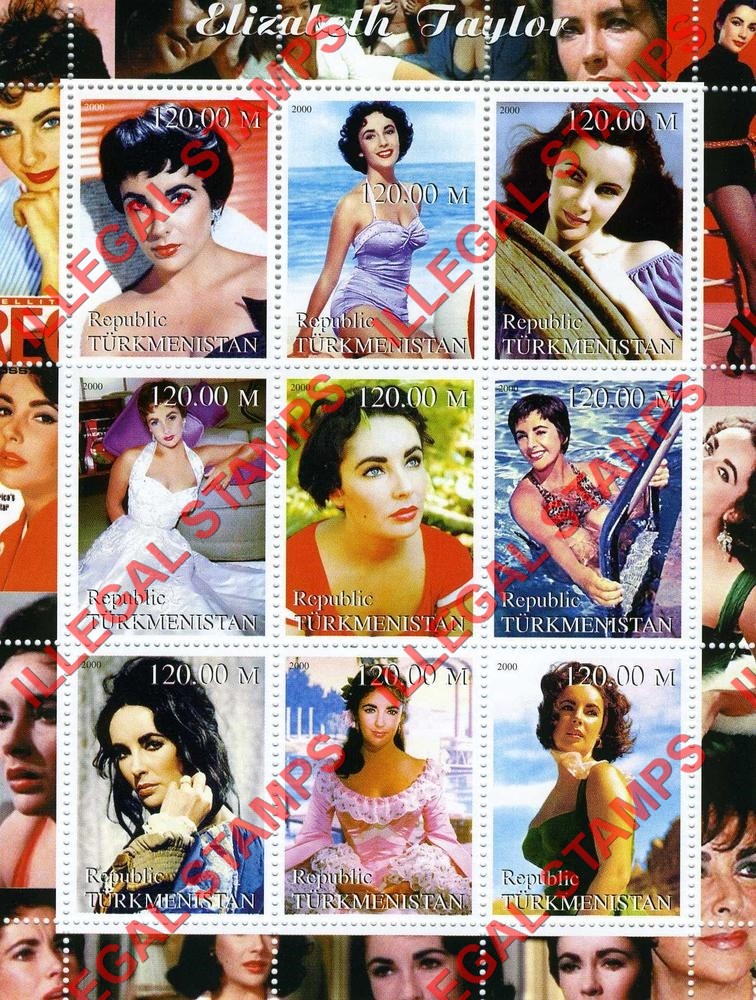 Turkmenistan 2000 Elizabeth Taylor Illegal Stamp Souvenir Sheet of 9