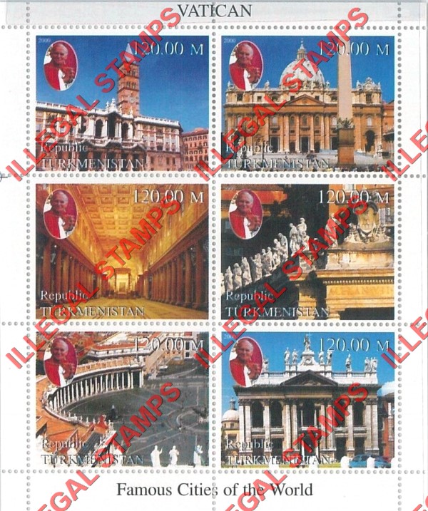 Turkmenistan 2000 Famous Cities of the World Vatican Illegal Stamp Souvenir Sheet of 6