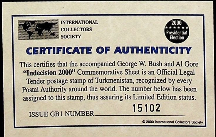 Turkmenistan 2000 George Bush Elections Indecision Political Comics Illegal Stamp Souvenir Sheet Bogus Certificate of Authenticity
