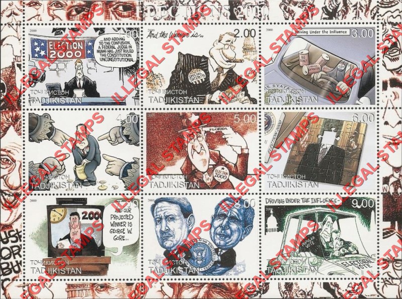 Turkmenistan 2000 George Bush Elections Indecision Political Comics Illegal Stamp Souvenir Sheet of 9