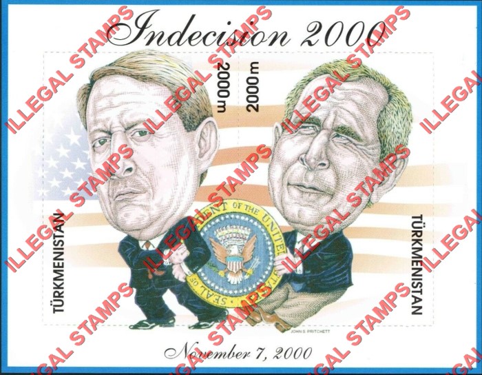 Turkmenistan 2000 George Bush Elections Indecision Political Comics Illegal Stamp Souvenir Sheet of 2