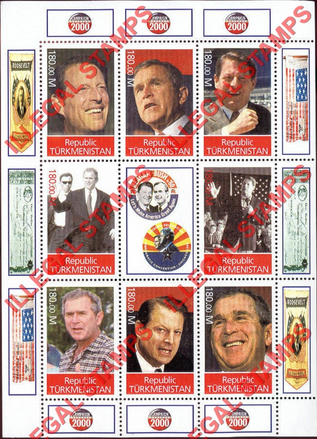Turkmenistan 2000 George Bush Political Campaign Illegal Stamp Souvenir Sheet of 8 Plus Label