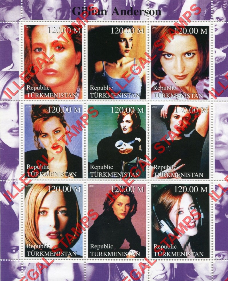 Turkmenistan 2000 Gillian Anderson Illegal Stamp Souvenir Sheet of 9