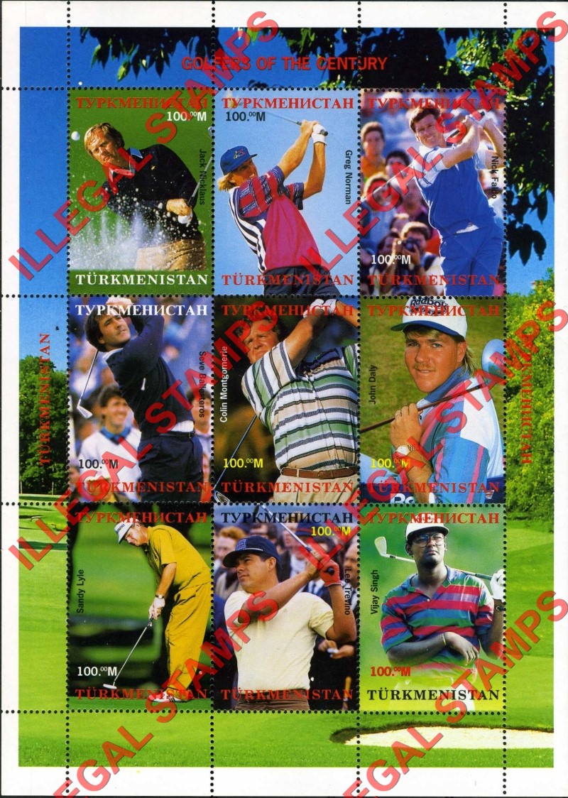Turkmenistan 2000 Golfers of the Century Illegal Stamp Souvenir Sheet of 9