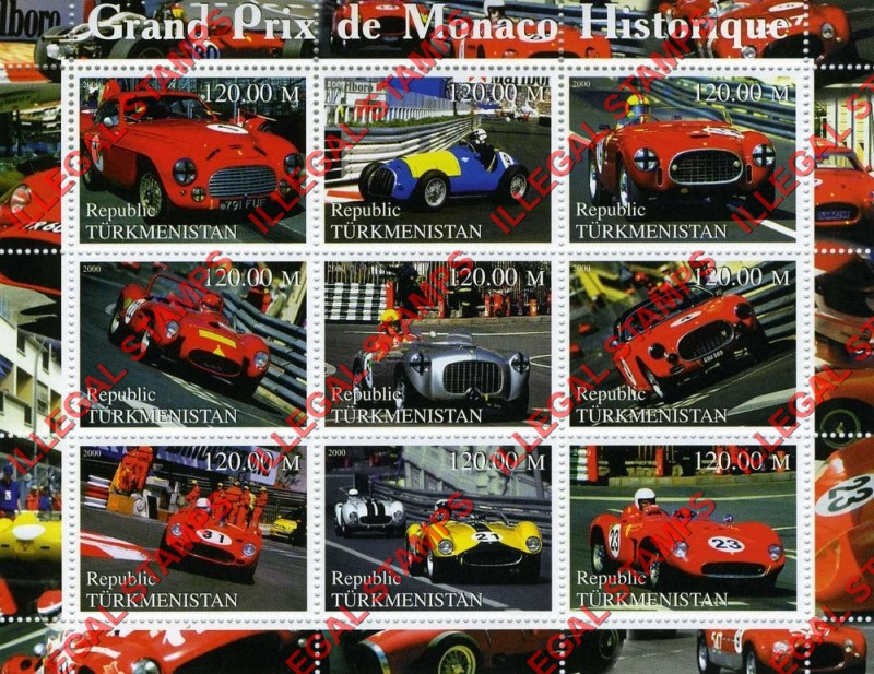 Turkmenistan 2000 Grand Prix in Monaco Race Cars Illegal Stamp Souvenir Sheet of 9