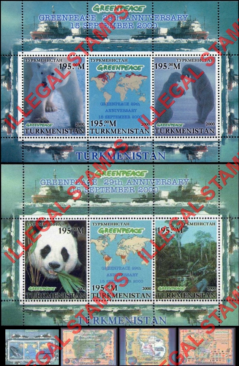 Turkmenistan 2000 Greenpeace 29th Anniversary Illegal Stamp Souvenir Sheets of 3