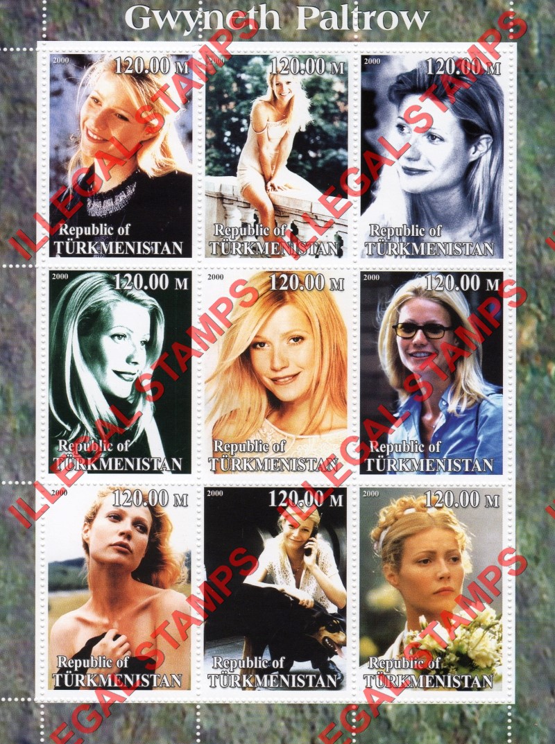 Turkmenistan 2000 Gwyneth Paltrow Illegal Stamp Souvenir Sheet of 9
