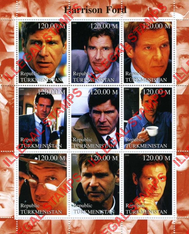 Turkmenistan 2000 Harrison Ford Illegal Stamp Souvenir Sheet of 9