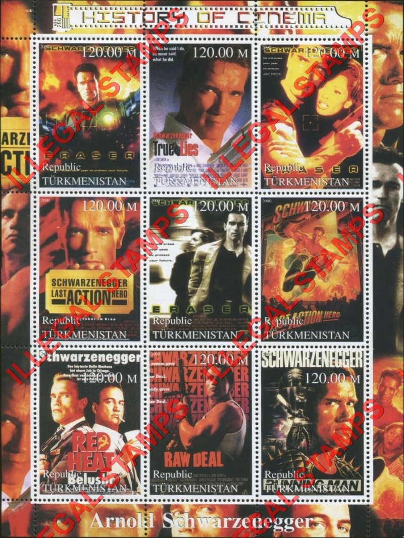 Turkmenistan 2000 History of Cinema Arnold Schwarzenegger Illegal Stamp Souvenir Sheet of 9