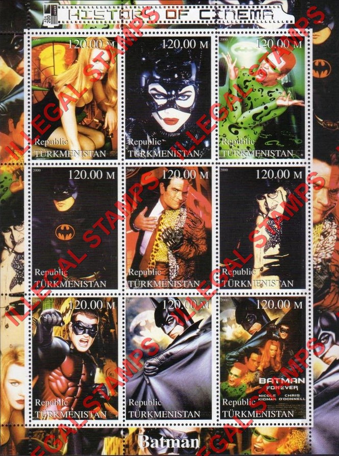 Turkmenistan 2000 History of Cinema Batman Illegal Stamp Souvenir Sheet of 9