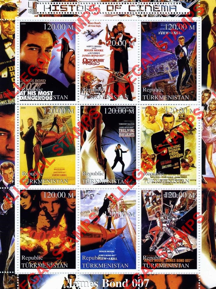 Turkmenistan 2000 History of Cinema James Bond 007 Illegal Stamp Souvenir Sheet of 9