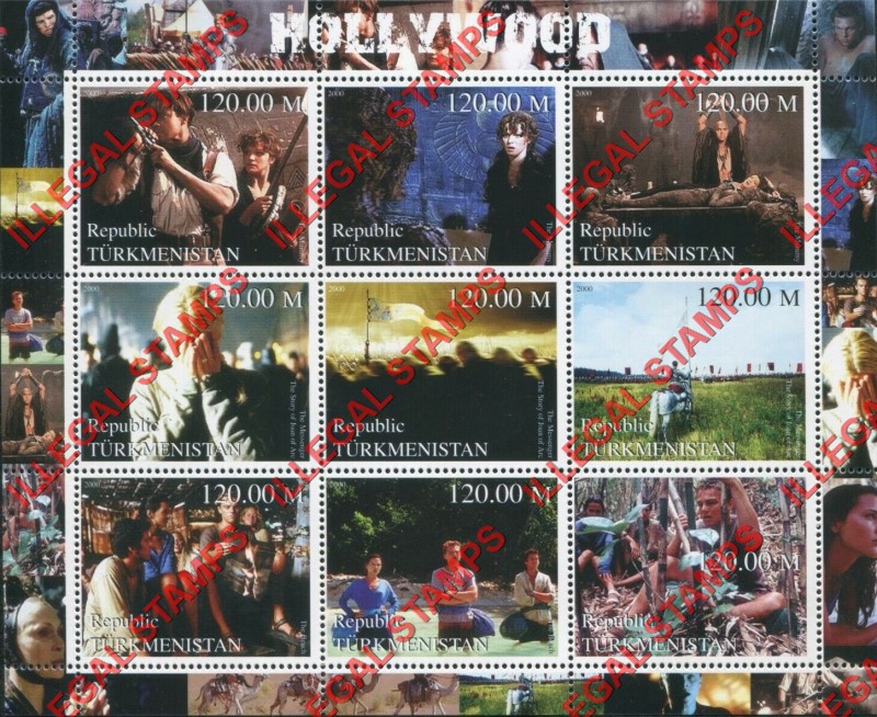 Turkmenistan 2000 Hollywood Illegal Stamp Souvenir Sheet of 9