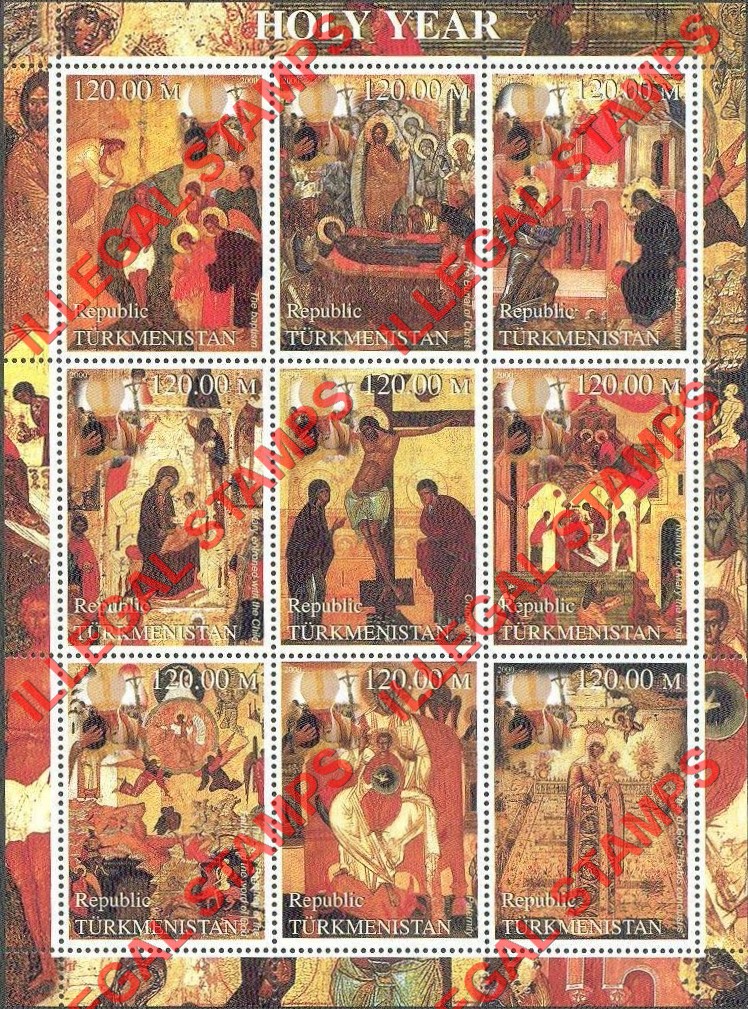 Turkmenistan 2000 Holy Year Paintings Illegal Stamp Souvenir Sheet of 9