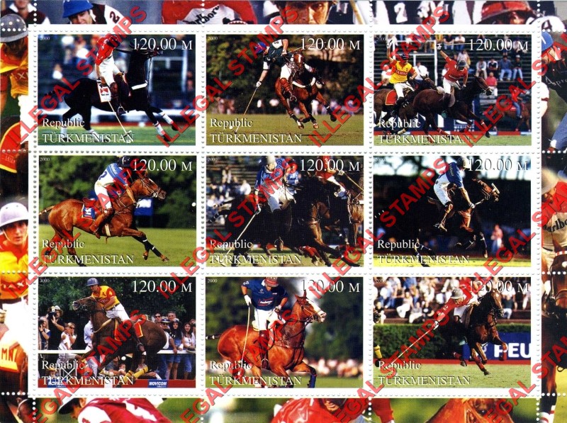 Turkmenistan 2000 Horses Polo Illegal Stamp Souvenir Sheet of 9