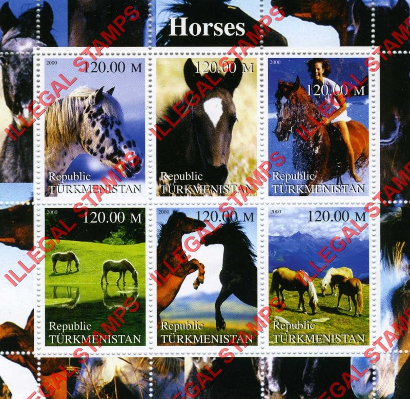 Turkmenistan 2000 Horses Illegal Stamp Souvenir Sheet of 6
