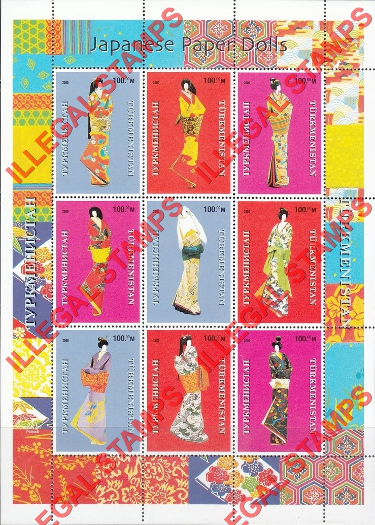 Turkmenistan 2000 Japanese Paper Dolls Illegal Stamp Souvenir Sheet of 9