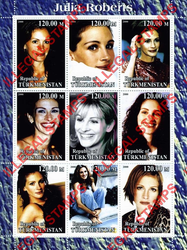 Turkmenistan 2000 Julia Roberts Illegal Stamp Souvenir Sheet of 9