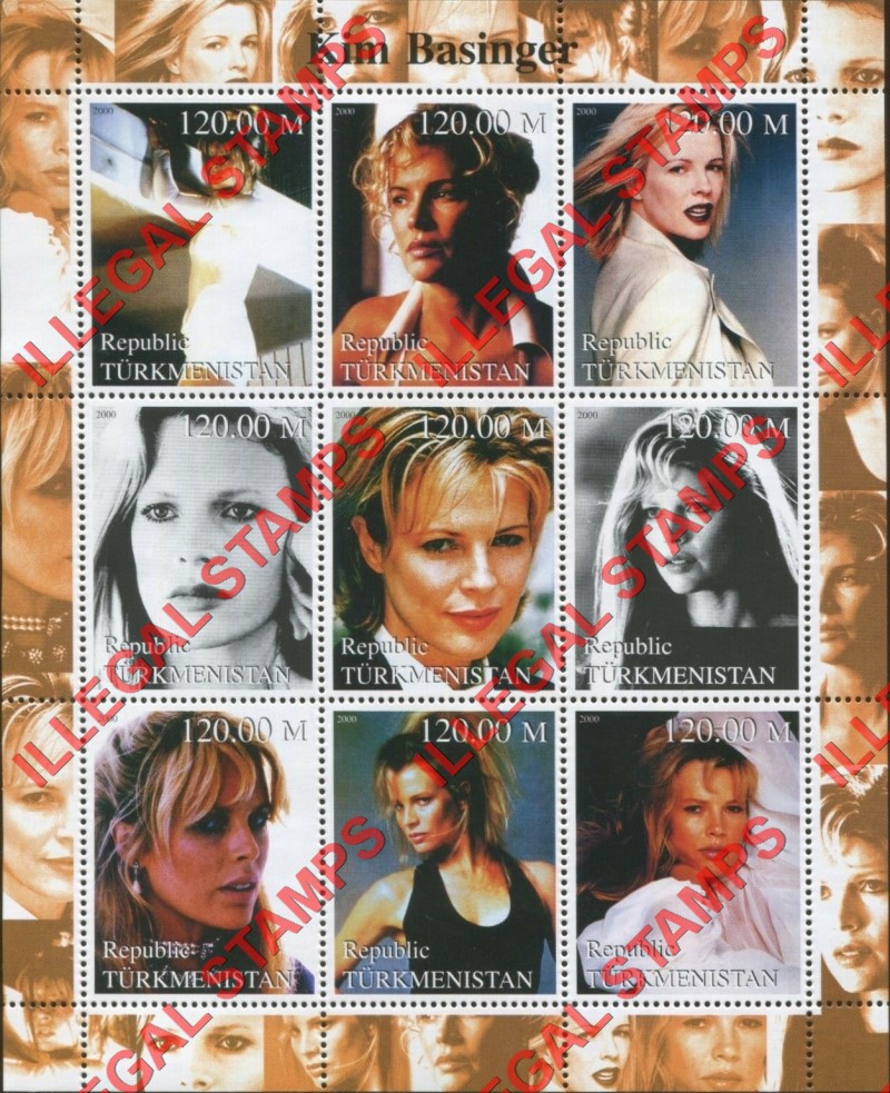 Turkmenistan 2000 Kim Basinger Illegal Stamp Souvenir Sheet of 9