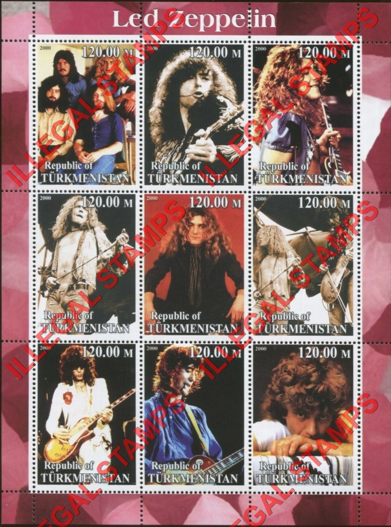 Turkmenistan 2000 Led Zeppelin Illegal Stamp Souvenir Sheet of 9