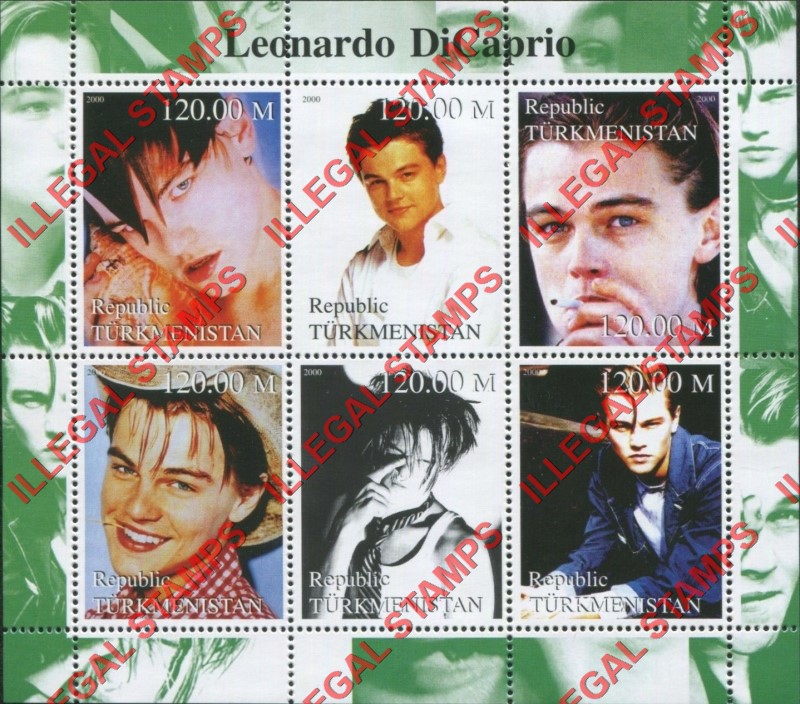 Turkmenistan 2000 Leonardo Dicaprio Illegal Stamp Souvenir Sheet of 6