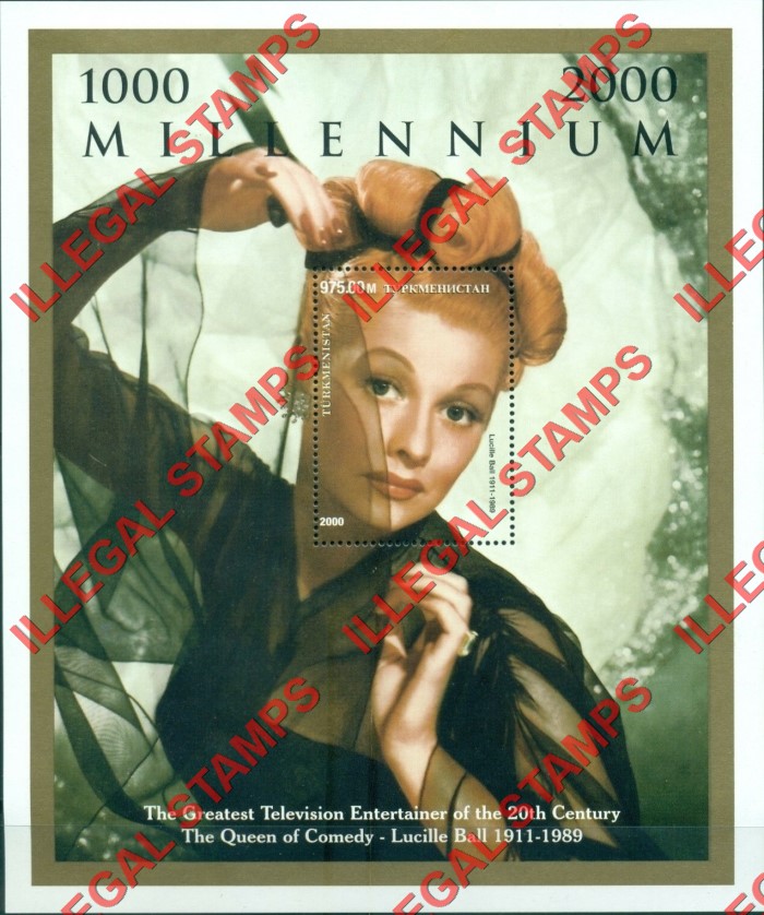 Turkmenistan 2000 Millennium Lucille Ball Illegal Stamp Souvenir Sheet of 1