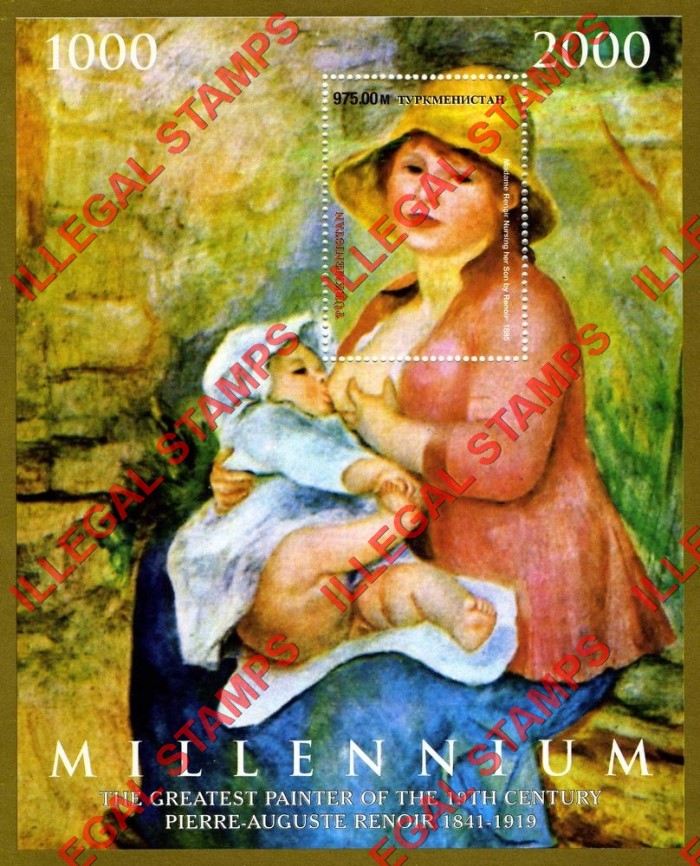 Turkmenistan 2000 Millennium Madame Renoir Nursing Her Son by Renoir Illegal Stamp Souvenir Sheet of 1