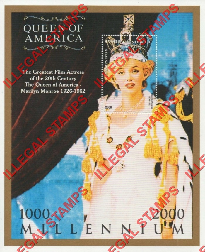 Turkmenistan 2000 Millennium Marilyn Monroe Illegal Stamp Souvenir Sheet of 1