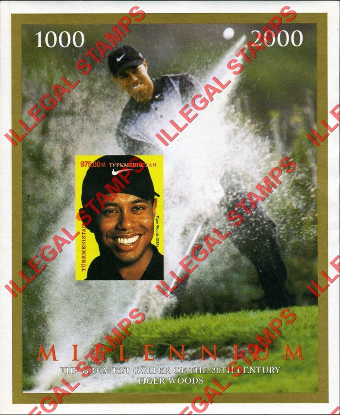 Turkmenistan 2000 Millennium Tiger Woods Golf Illegal Stamp Souvenir Sheet of 1