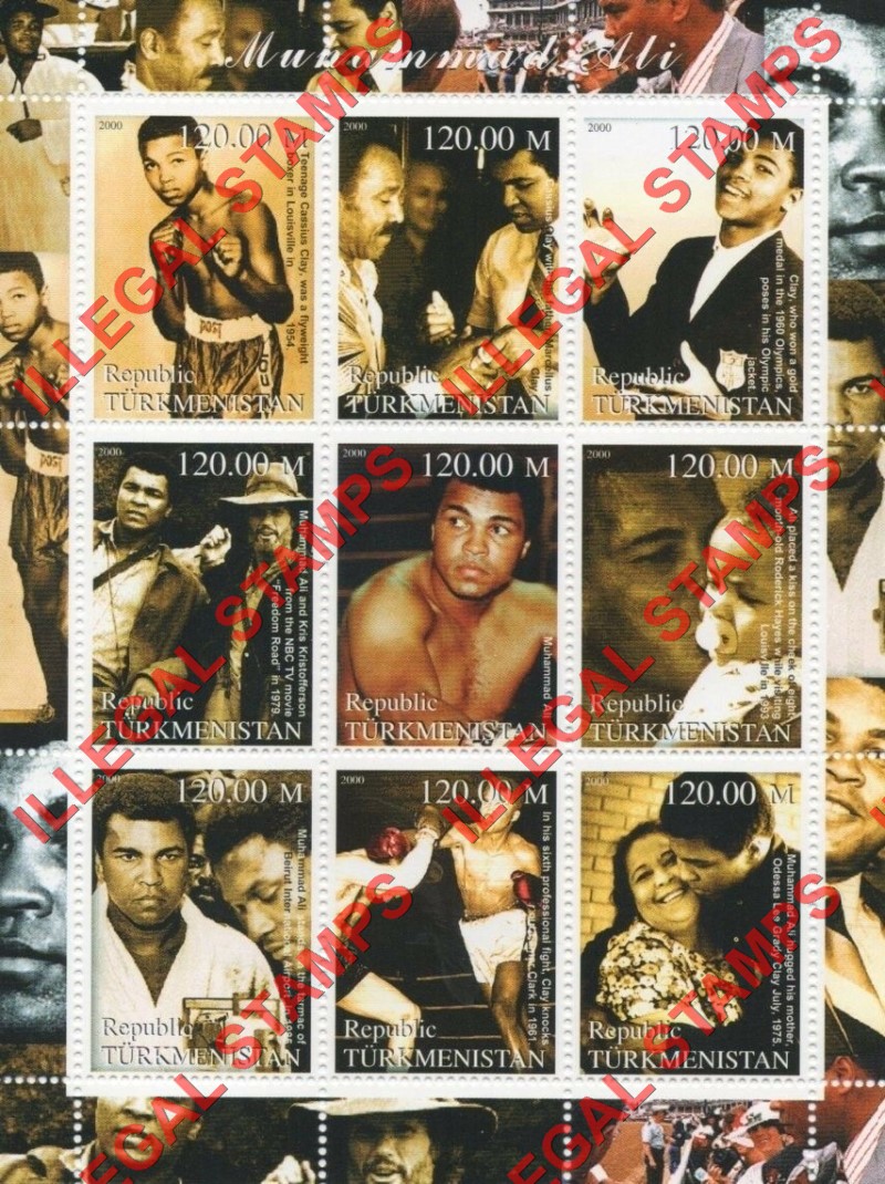 Turkmenistan 2000 Muhammad Ali Illegal Stamp Souvenir Sheet of 9