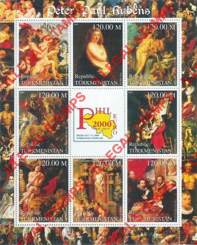 Turkmenistan 2000 Paintings by Peter Paul Rubens Illegal Stamp Souvenir Sheet of 8 Plus PHIL EURO Stamp Fair Label
