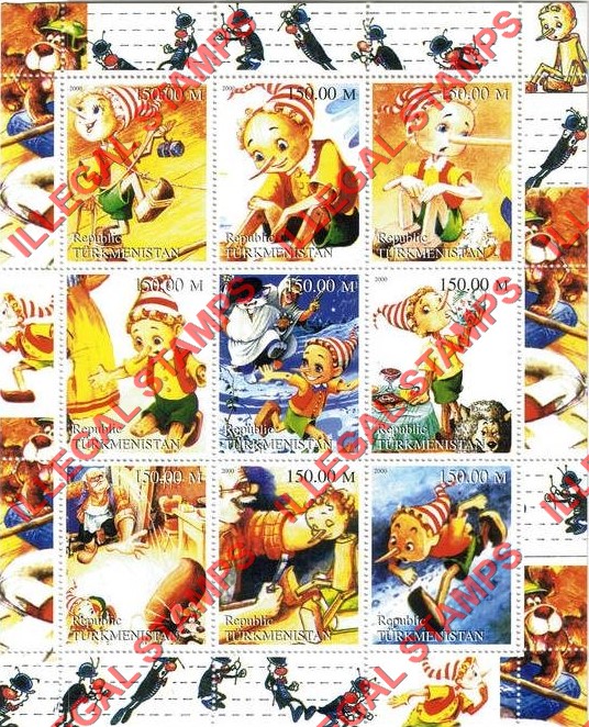 Turkmenistan 2000 Pinocchio Illegal Stamp Souvenir Sheet of 9