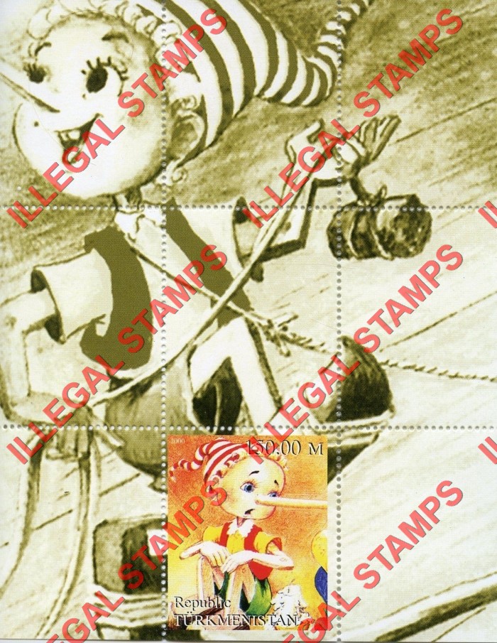 Turkmenistan 2000 Pinocchio Illegal Stamp Souvenir Sheets of 1 (Sheet 3)