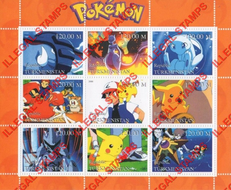 Turkmenistan 2000 Pokemon Illegal Stamp Souvenir Sheets of 9 (Sheet 1)