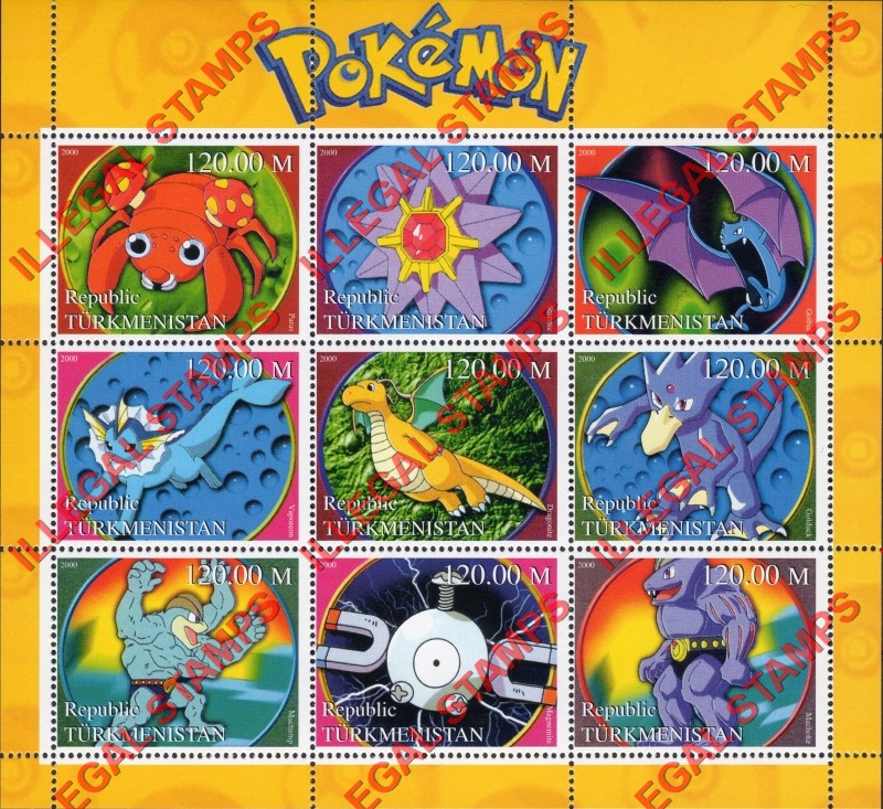 Turkmenistan 2000 Pokemon Illegal Stamp Souvenir Sheets of 9 (Sheet 2)