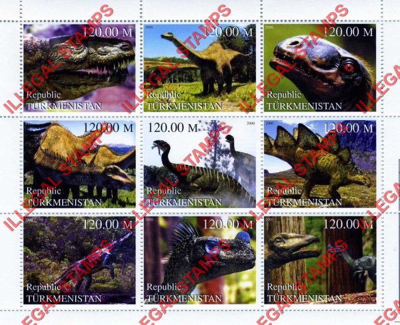 Turkmenistan 2000 Prehistoric Animals Dinosaurs Illegal Stamp Souvenir Sheet of 9