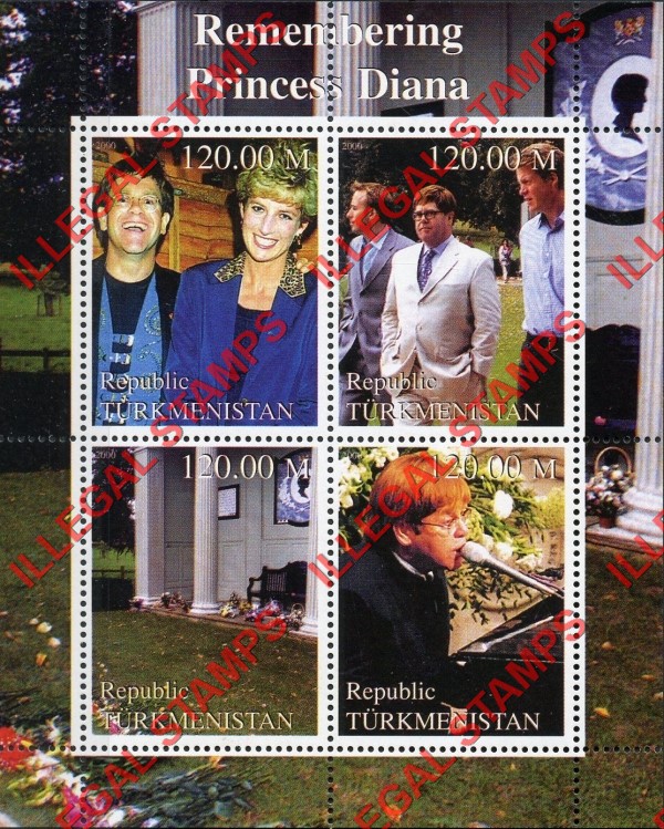 Turkmenistan 2000 Princess Diana Remembering Illegal Stamp Souvenir Sheet of 4