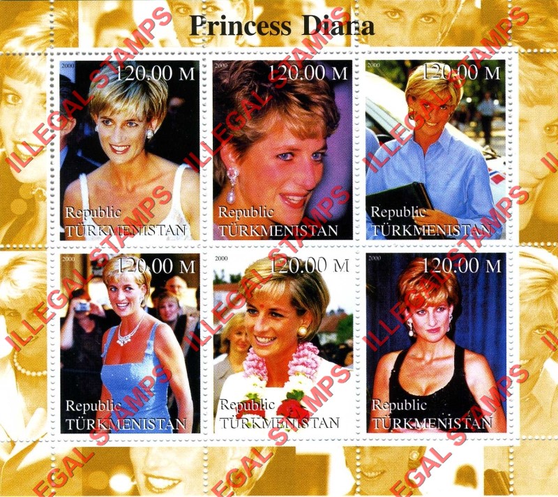 Turkmenistan 2000 Princess Diana Illegal Stamp Souvenir Sheet of 6