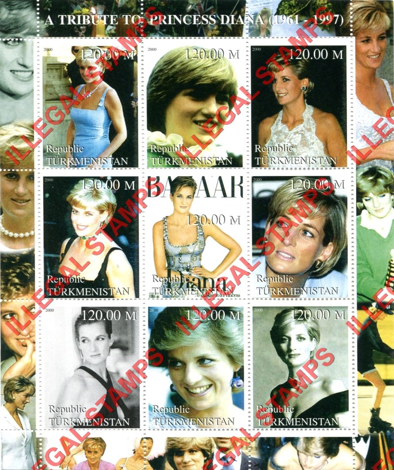 Turkmenistan 2000 Princess Diana Tribute Illegal Stamp Souvenir Sheet of 9