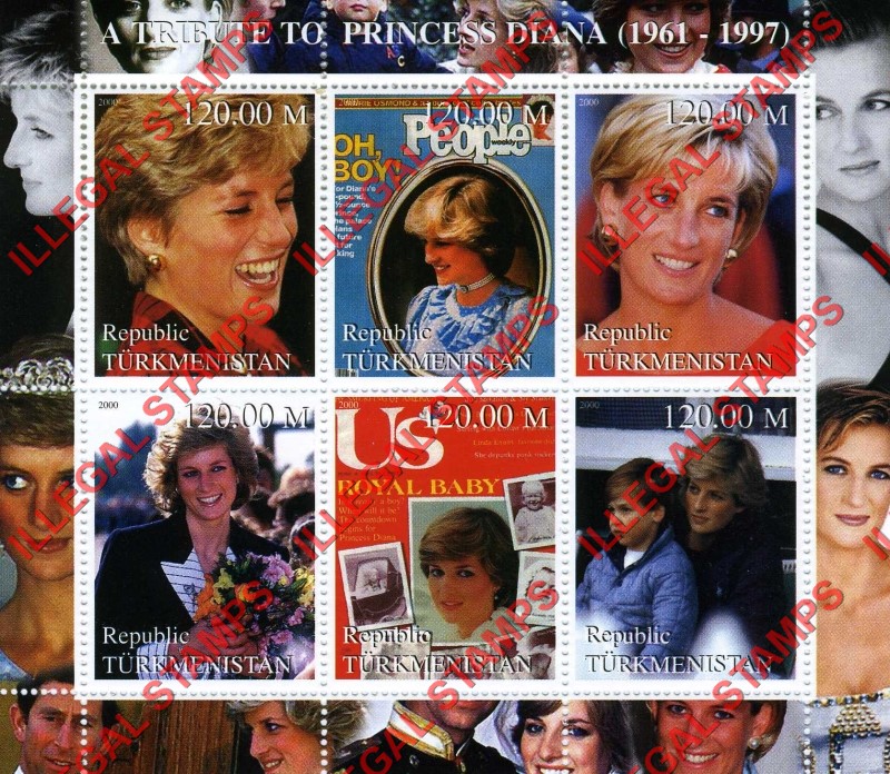 Turkmenistan 2000 Princess Diana Tribute Illegal Stamp Souvenir Sheet of 6