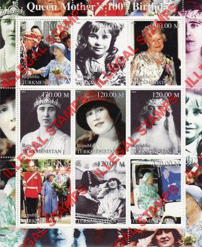Turkmenistan 2000 Queen Mother 100th Birthday Illegal Stamp Souvenir Sheet of 9
