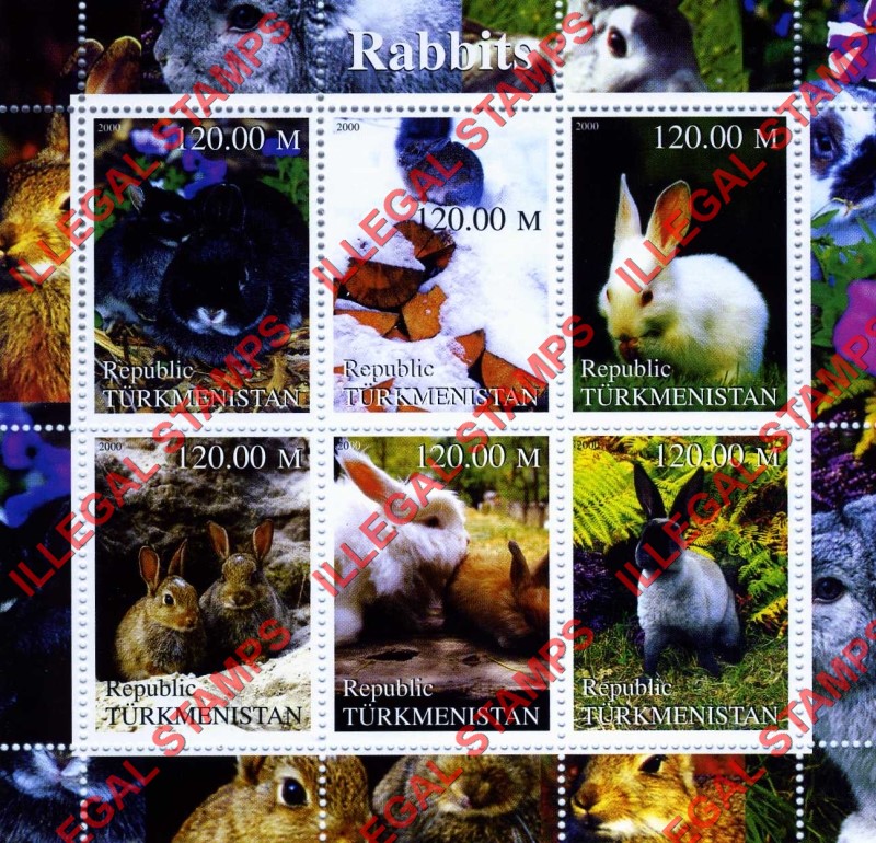 Turkmenistan 2000 Rabbits Illegal Stamp Souvenir Sheet of 6