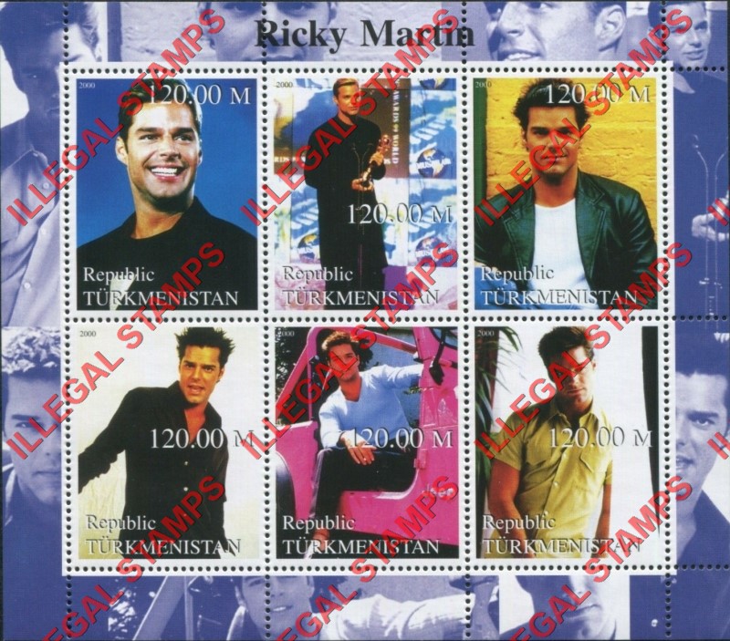 Turkmenistan 2000 Ricky Martin Illegal Stamp Souvenir Sheet of 6