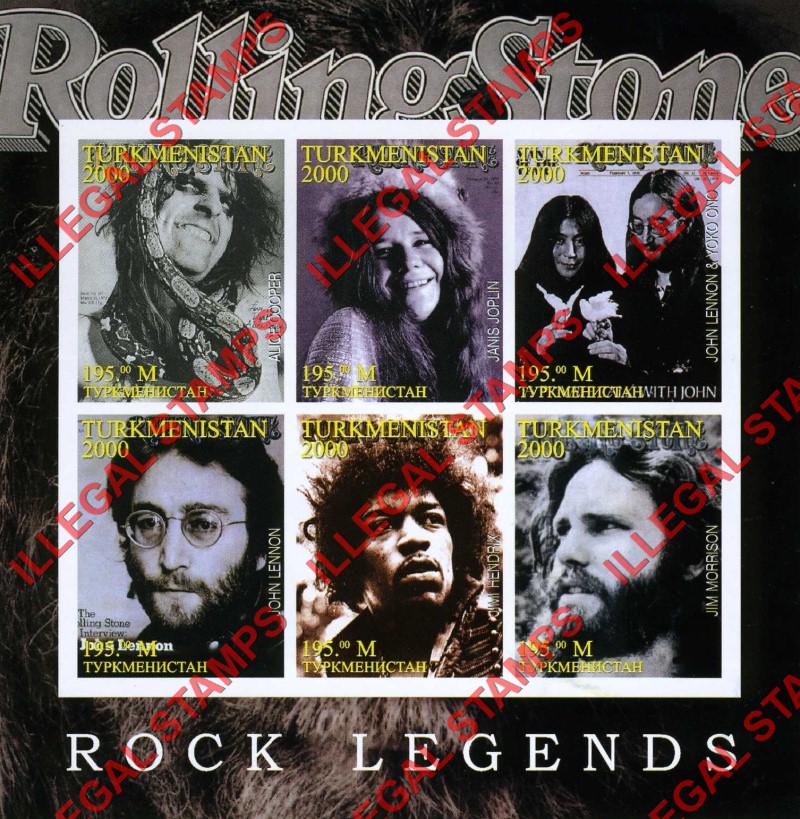 Turkmenistan 2000 Rolling Stone Magazine Rock Legends Illegal Stamp Souvenir Sheet of 6