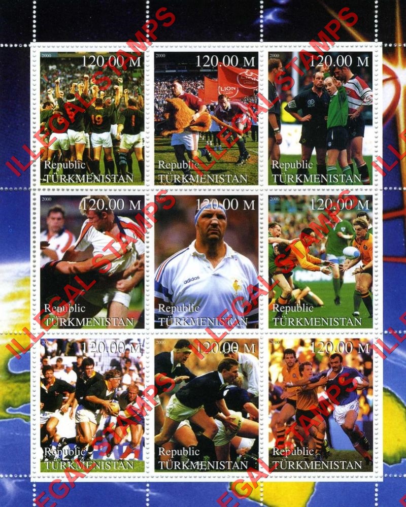 Turkmenistan 2000 Rugby Players Illegal Stamp Souvenir Sheet of 9