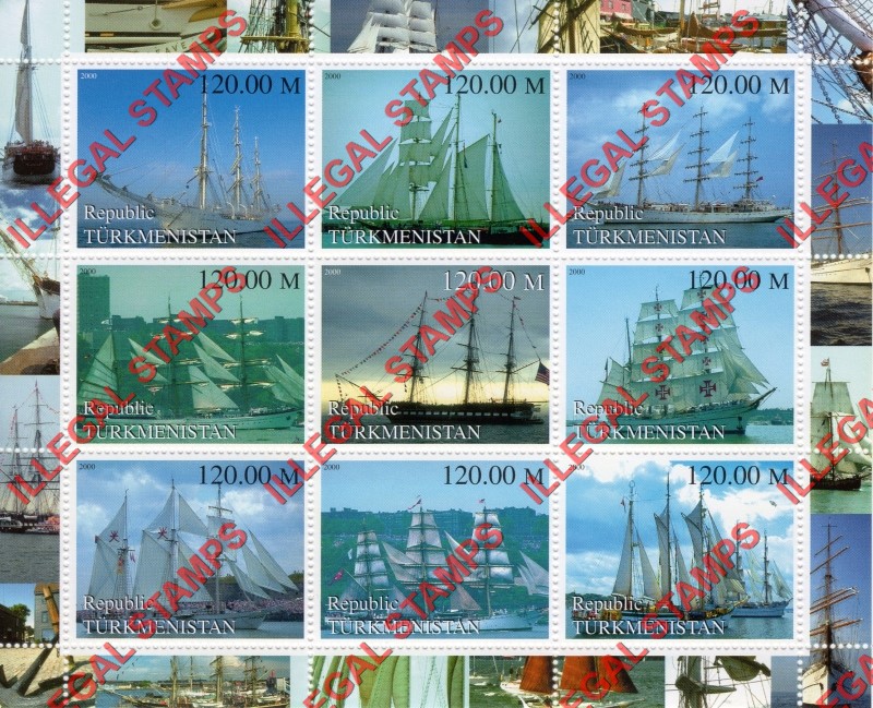 Turkmenistan 2000 Sailing Ships Illegal Stamp Souvenir Sheet of 9