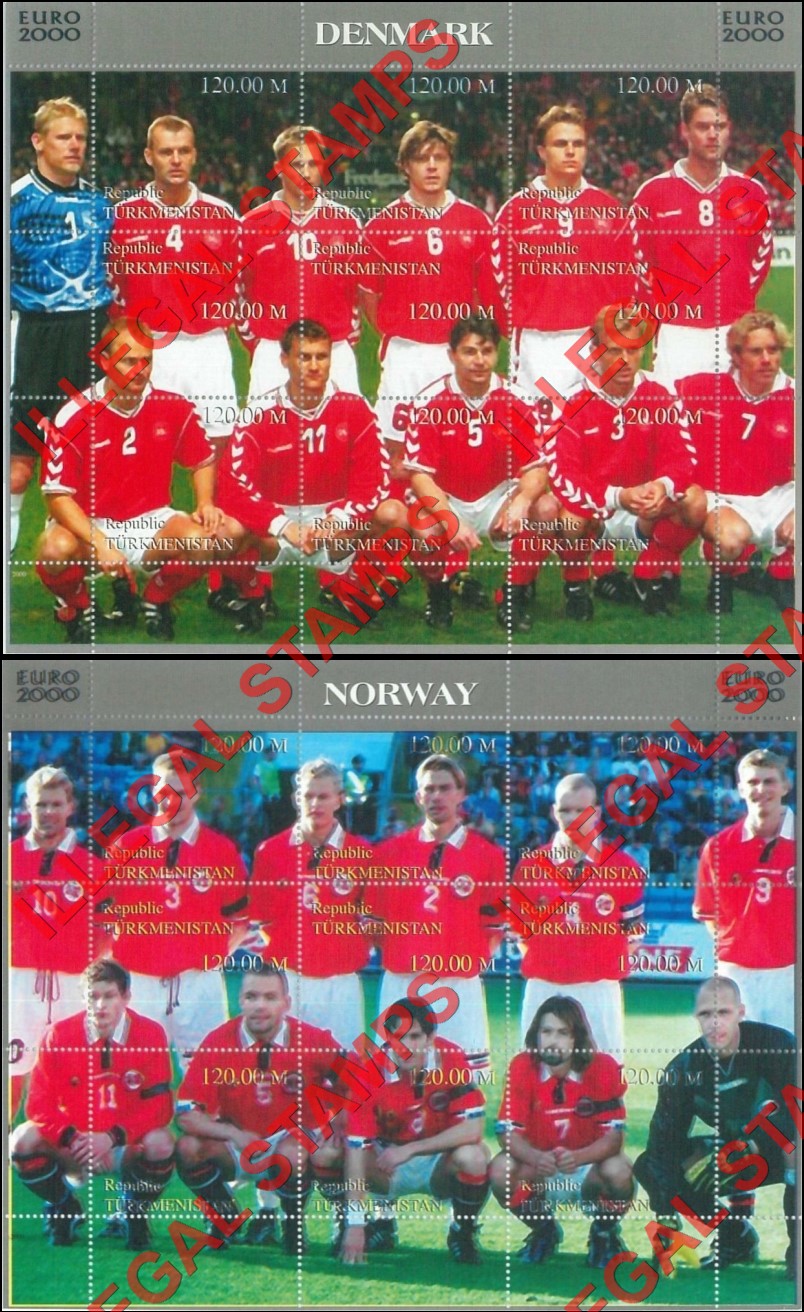 Turkmenistan 2000 Soccer Teams EURO 2000 European Football Championship Illegal Stamp Souvenir Sheets of 9 (Part 1)